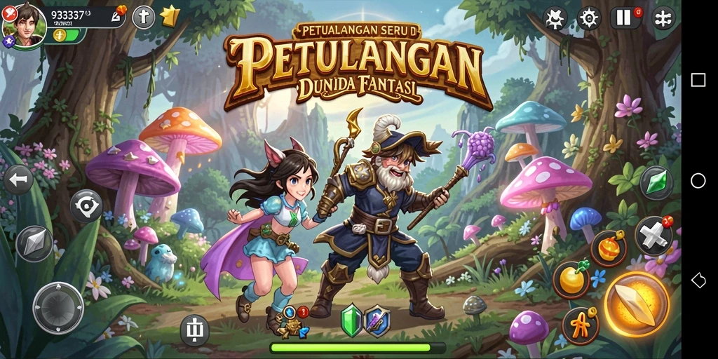 Screenshot menunjukkan pemain menjelajahi dunia petualangan yang menakjubkan.