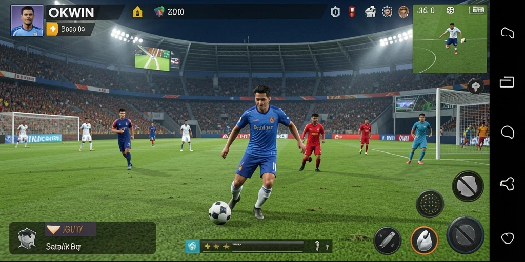 Screenshot gameplay OKWIN yang menunjukkan aksi sepak bola mendebarkan.